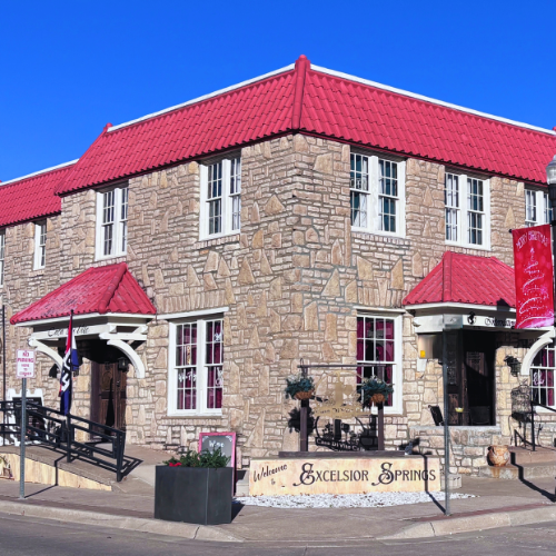 Casa Di Vite wine bar exterior in Downtown Excelsior Springs with stone facade and red roof
