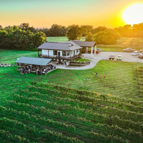 Aerial view of Dale Hollow Winery with vineyard rows, tasting room, and sunset over Missouri countryside