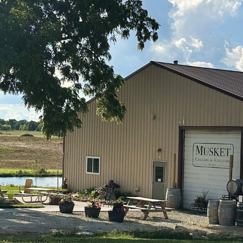 Musket Cellars and Vineyard winery building with outdoor seating and vineyard views in rural Missouri