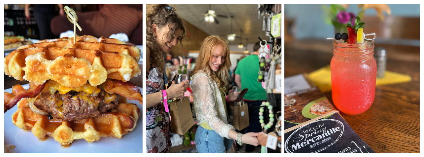 Collage featuring a gourmet waffle burger topped with bacon and cheese, shoppers browsing inside a downtown boutique, and a bright pink specialty cocktail at Willow Spring Mercantile in Downtown Excelsior Springs. The images highlight the food, shopping, and drink experiences available during Second Weekends.