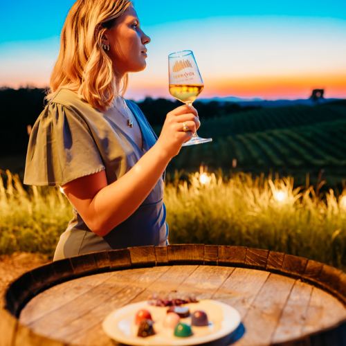 Woman holding a glass of white wine at Terravox Winery overlooking vineyard rows at sunset in Missouri wine country