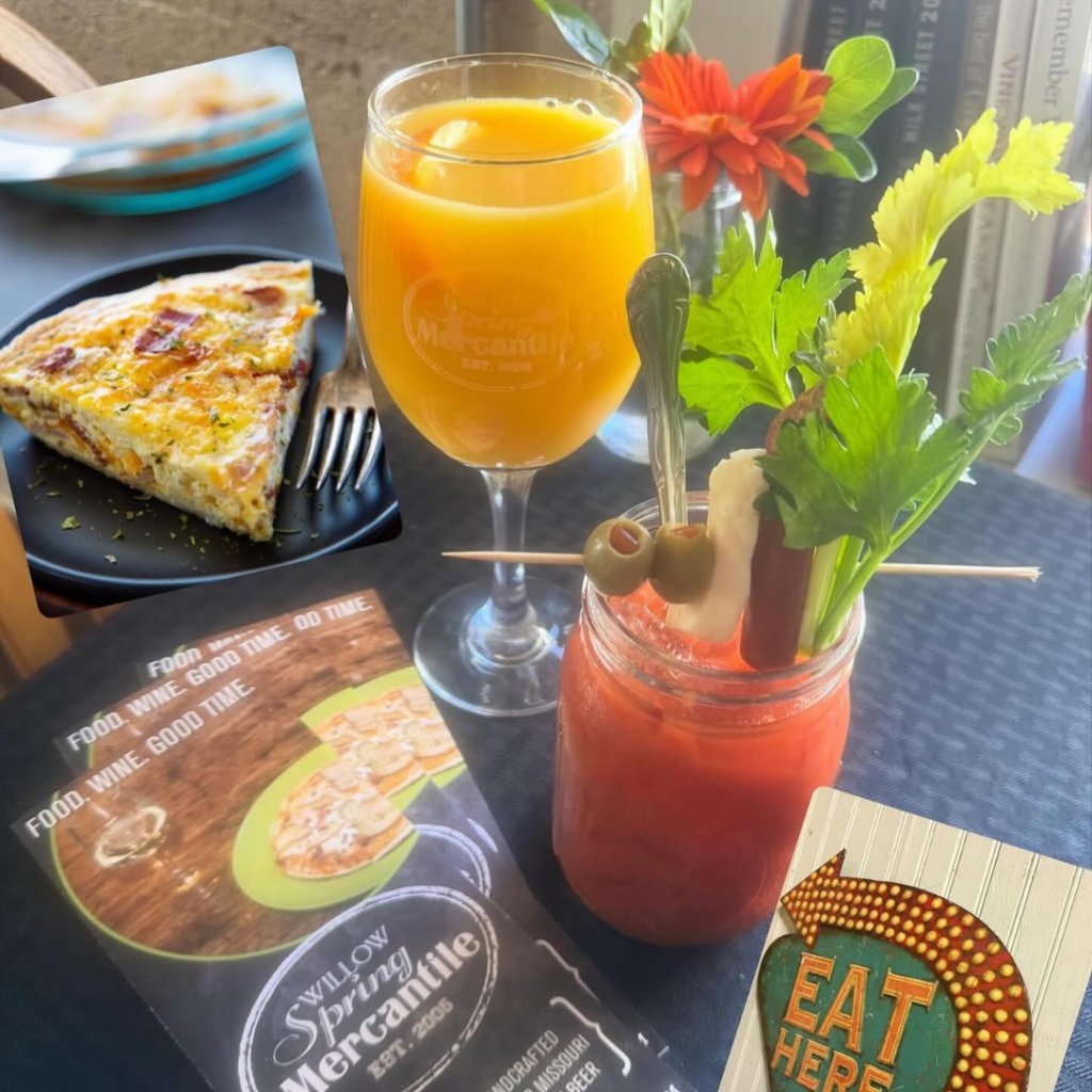 Brunch spread with mimosa, Bloody Mary, and quiche at Willow Spring Mercantile in downtown Excelsior Springs.