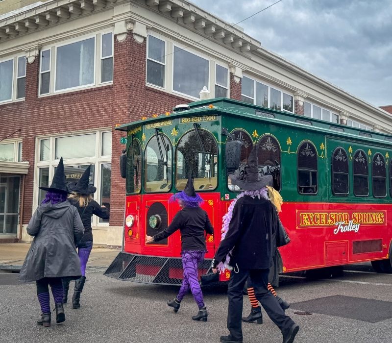 Attendees dressed as witches board the Excelsior Springs trolley during Witch Way to the Wine.