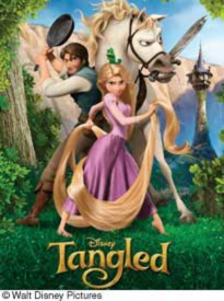 Disney Tangled movie poster featuring Rapunzel and Flynn Rider for Movies on the Lawn in Excelsior Springs Missouri.