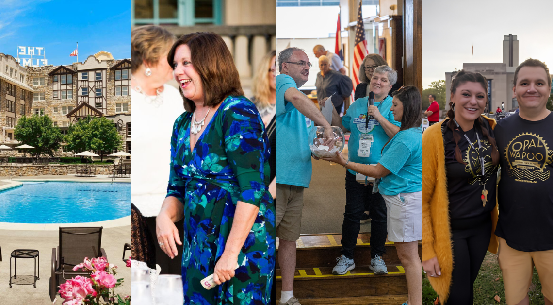 Collage highlighting the Missouri Main Street Conference in Excelsior Springs, featuring The Elms Hotel & Spa, conference attendees networking, volunteers welcoming participants, and organizers of the Opal Wapoo Gravel Experience. The event showcases community engagement, tourism development, entrepreneurship, and outdoor recreation in Downtown Excelsior Springs.
