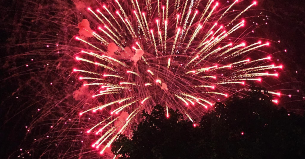 Fireworks lighting up the sky over Downtown Excelsior Springs during the BBQ & Fly-In on the River.